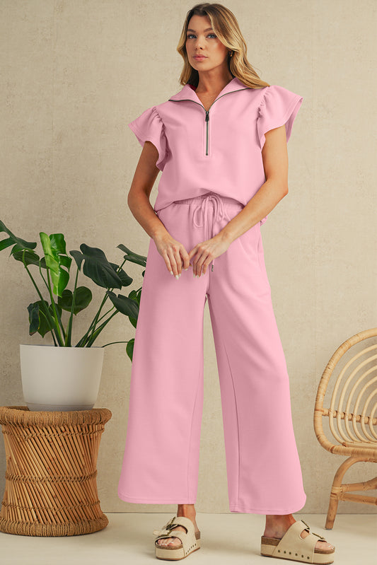 Textured Ruffle Sleeve Zip Top & Wide-Leg Pants Set