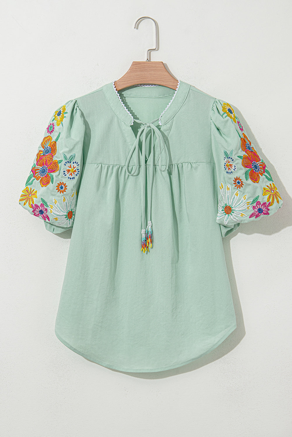Mint Floral Embroidered Puff Sleeve Split-Neck Blouse