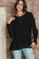 Black Plain Waffle Knit Drop Sleeve Side Slits Oversized Top