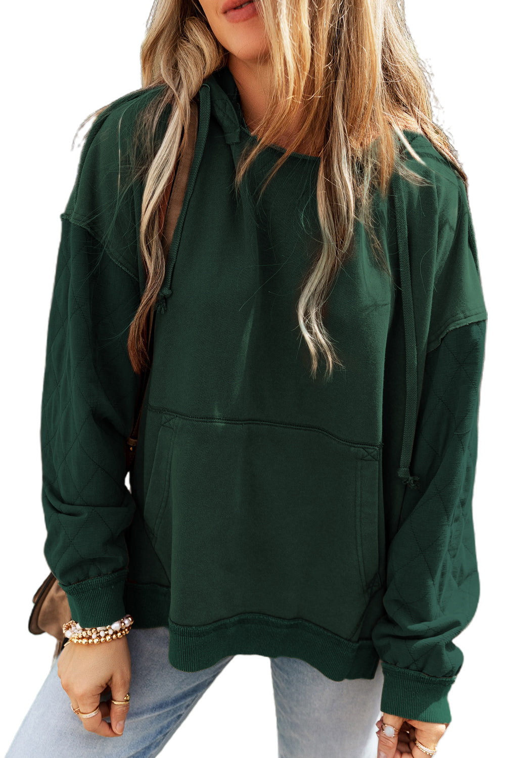 Green Quilted Patchwork Exposed Seam Kangaroo Pocket Hoodie