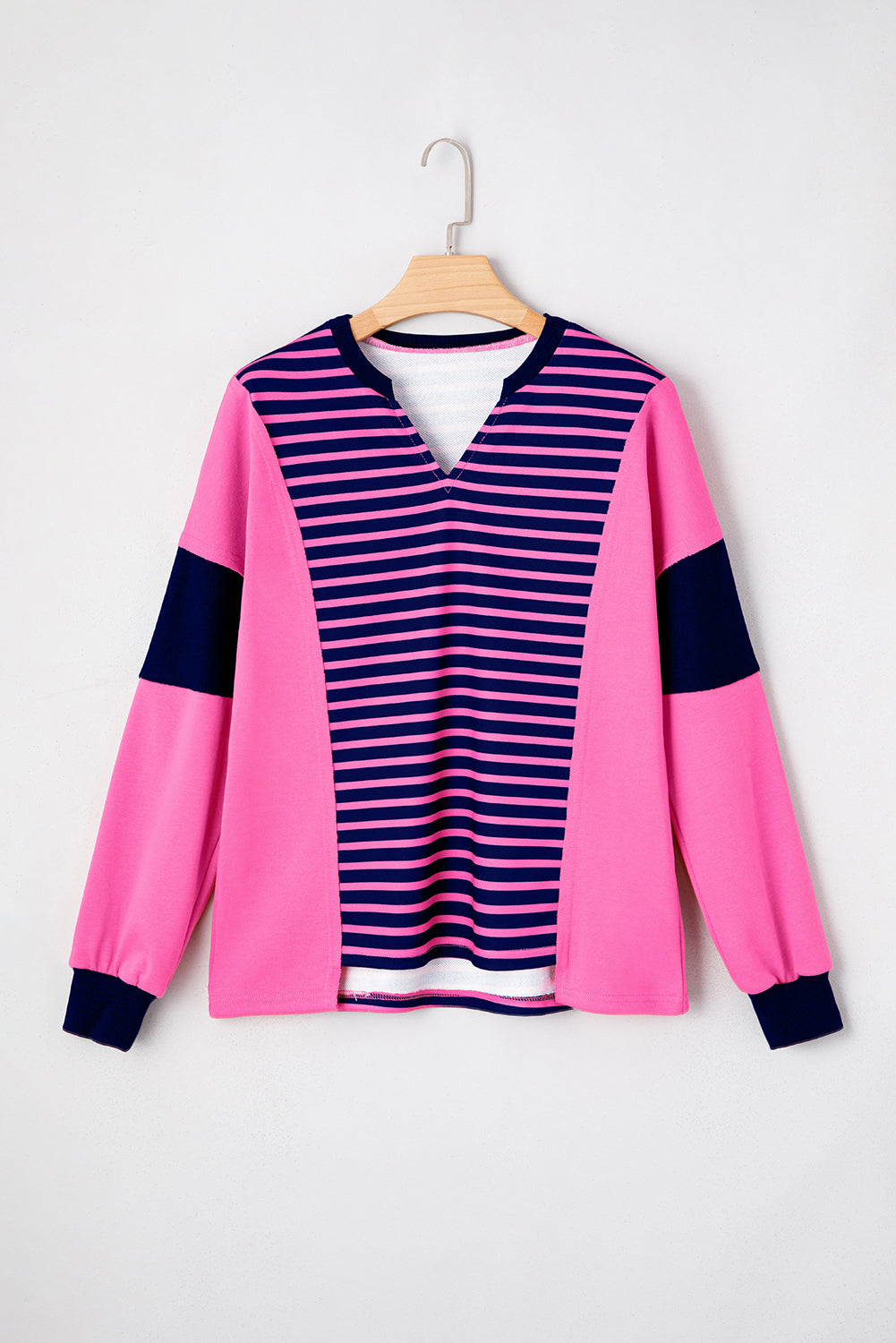 Pink & Navy Striped Colorblock V-Neck Long Sleeve Top