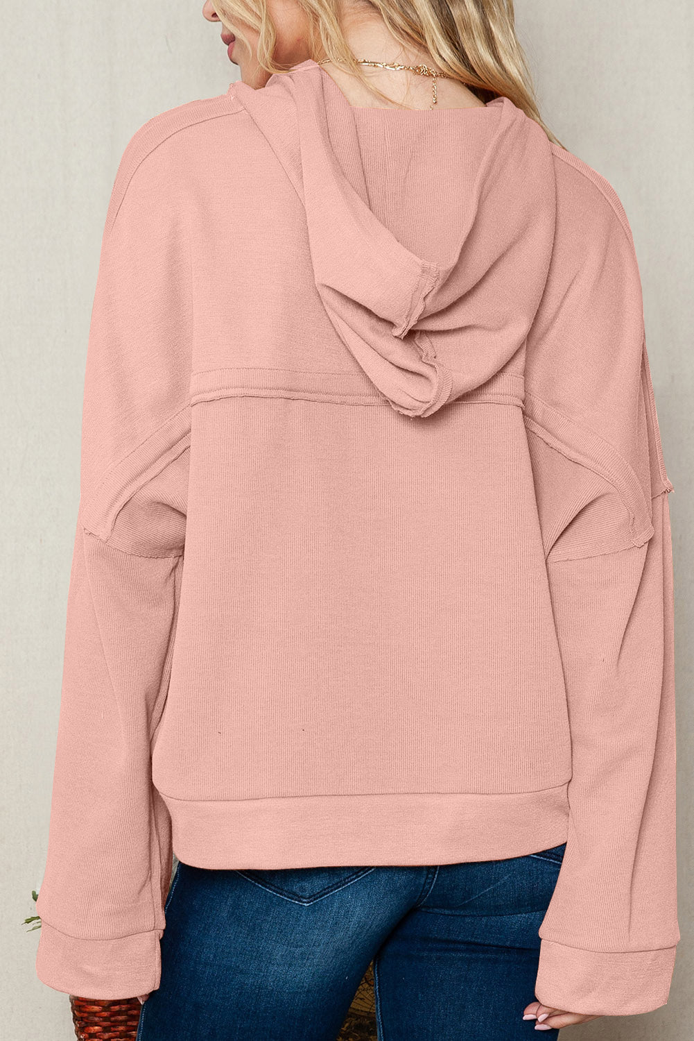 Pink Casual Button Patchwork Trim Hoodie