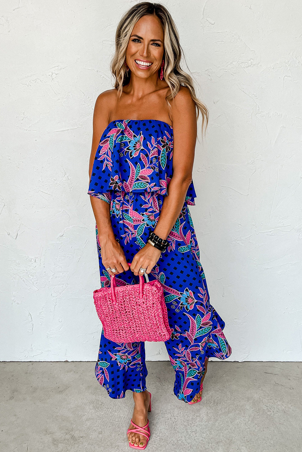 Green Mix Tropical Print Strapless Ruffle Jumpsuit