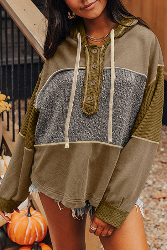 Green Mixed Texture Patchwork Exposed Seam Half Button Pullover Hooded Sweatshirt