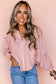Light Pink Keyhole Notch V-Neck Batwing Sleeve Blouse