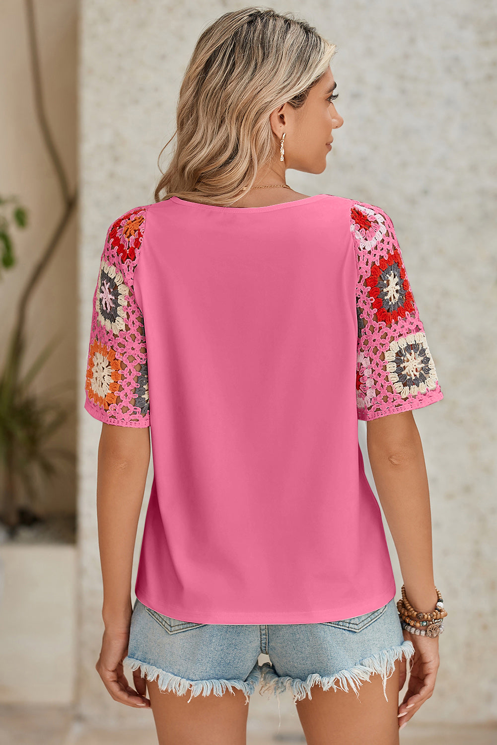 Black Floral Hollowed Crochet Sleeve Boho T Shirt