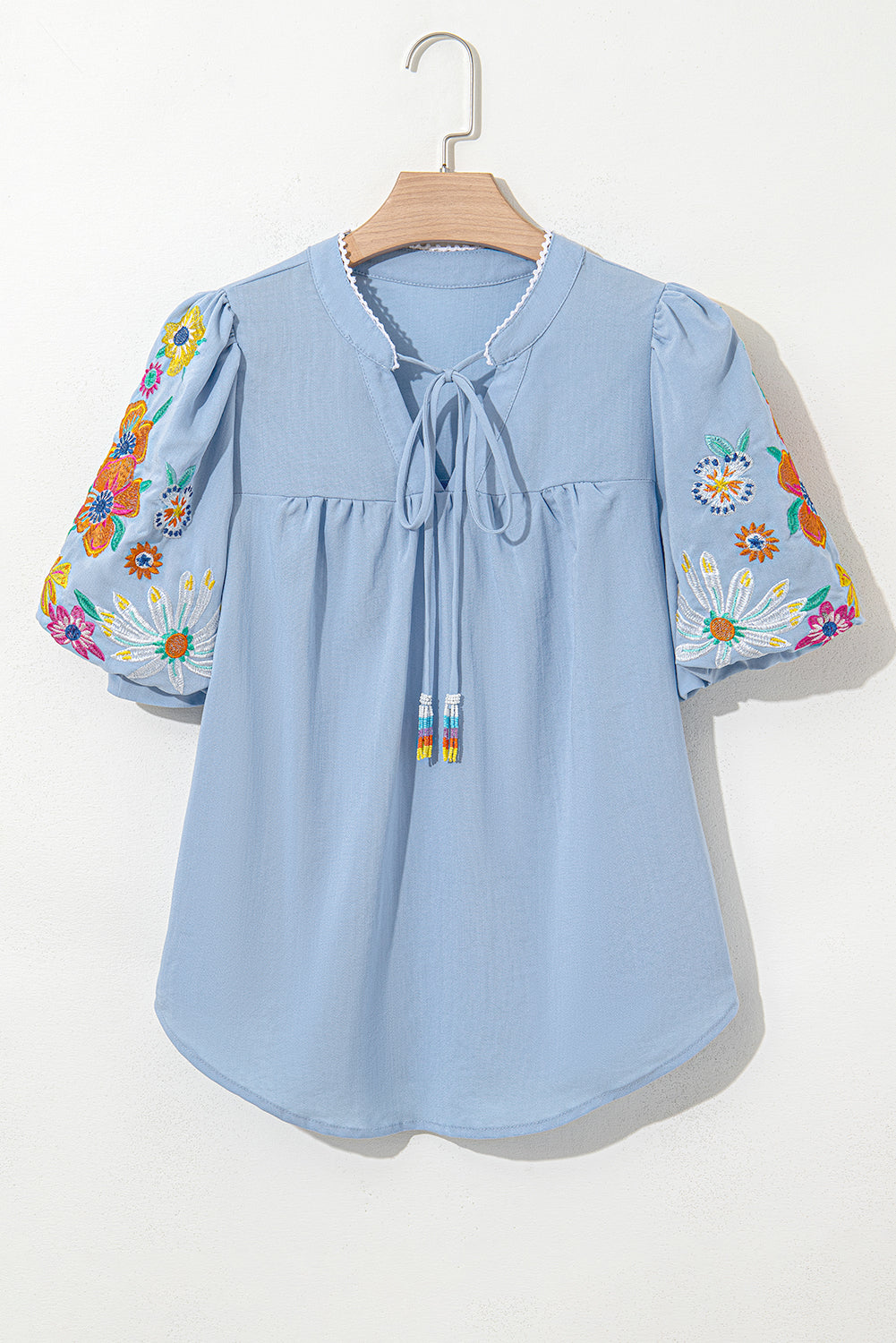 Floral Embroidered Puff Sleeve Split-Neck Blouse