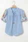 Floral Embroidered Puff Sleeve Split-Neck Blouse