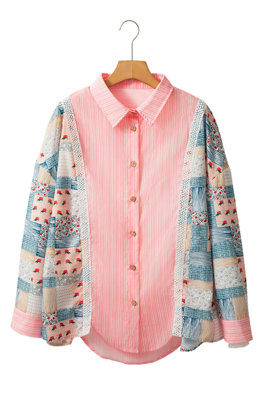 Pink Stripe Floral Patchwork Loose Fit Shirt