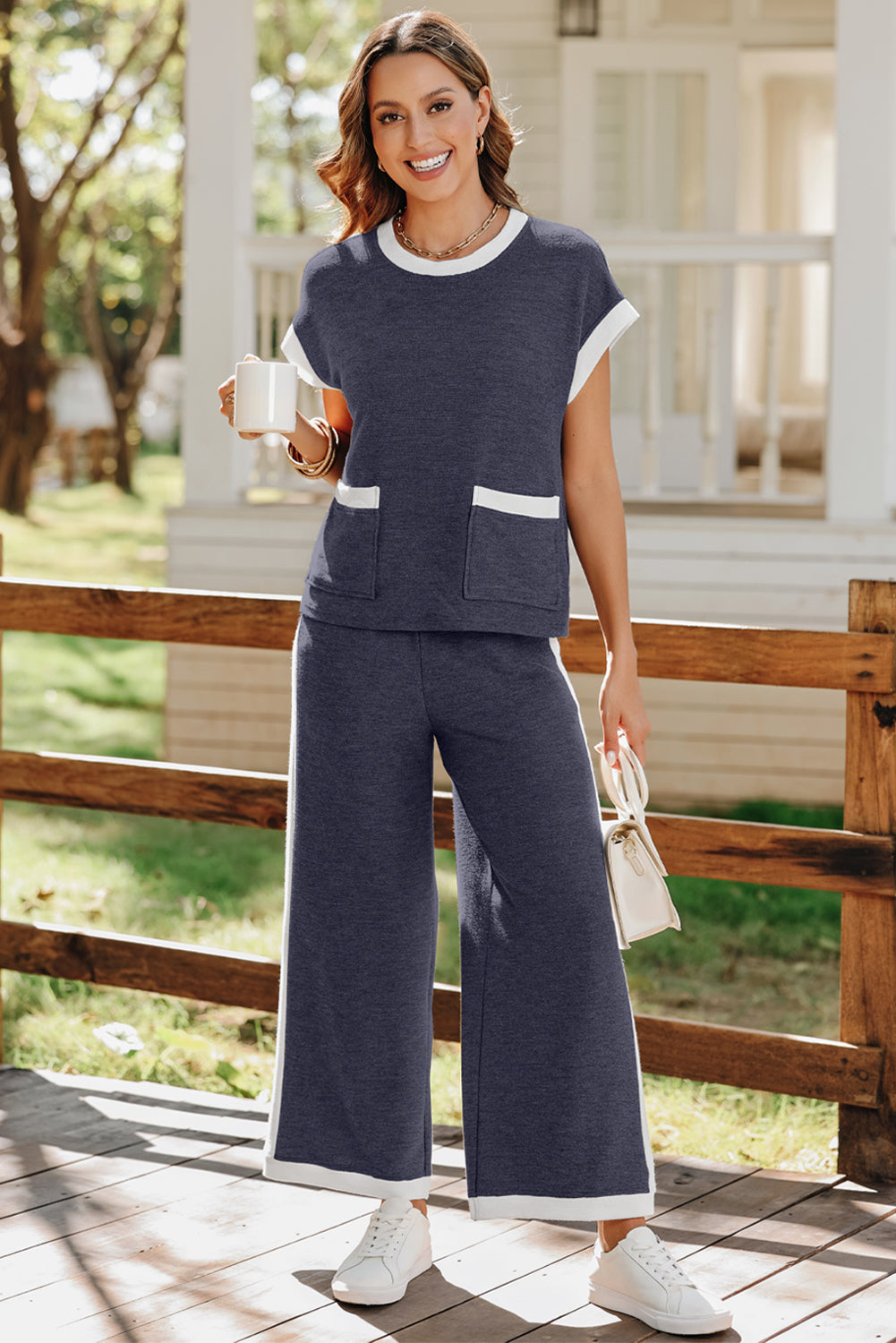 Navy Blue Color Block Pocketed T-Shirt and Wide Leg Pants Set
