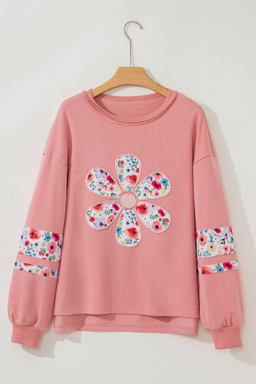 Peach Flower Applique Patchwork Drop Sleeve Pullover Sweatshirt
