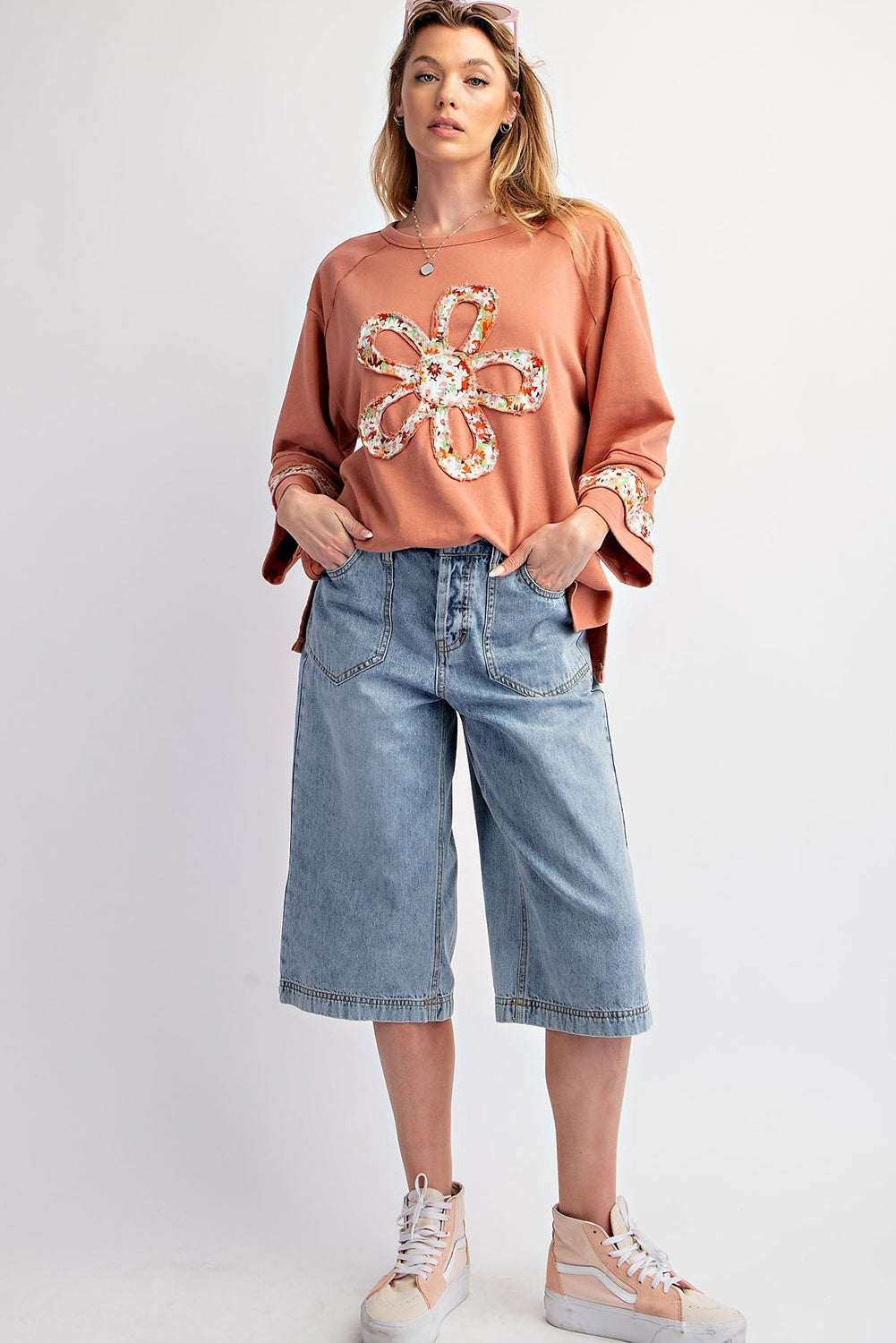 Grapefruit Orange Flower Exposed Seam Patchwork Loose Top