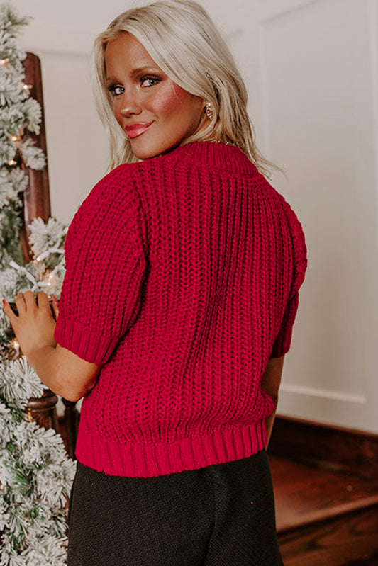 Red Plaid Lace-Up Detail Christmas Holiday Puff Short Sleeve Sweater