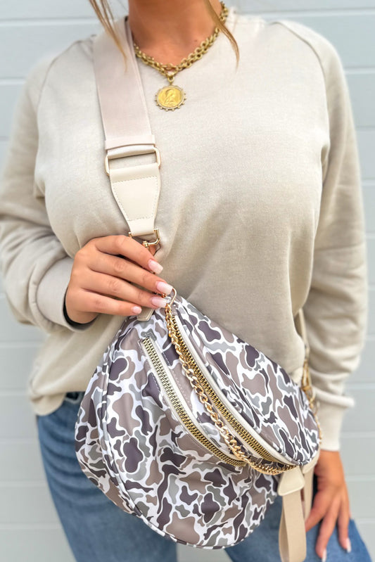 White Camo Print Double Zipper Crossbody Bag