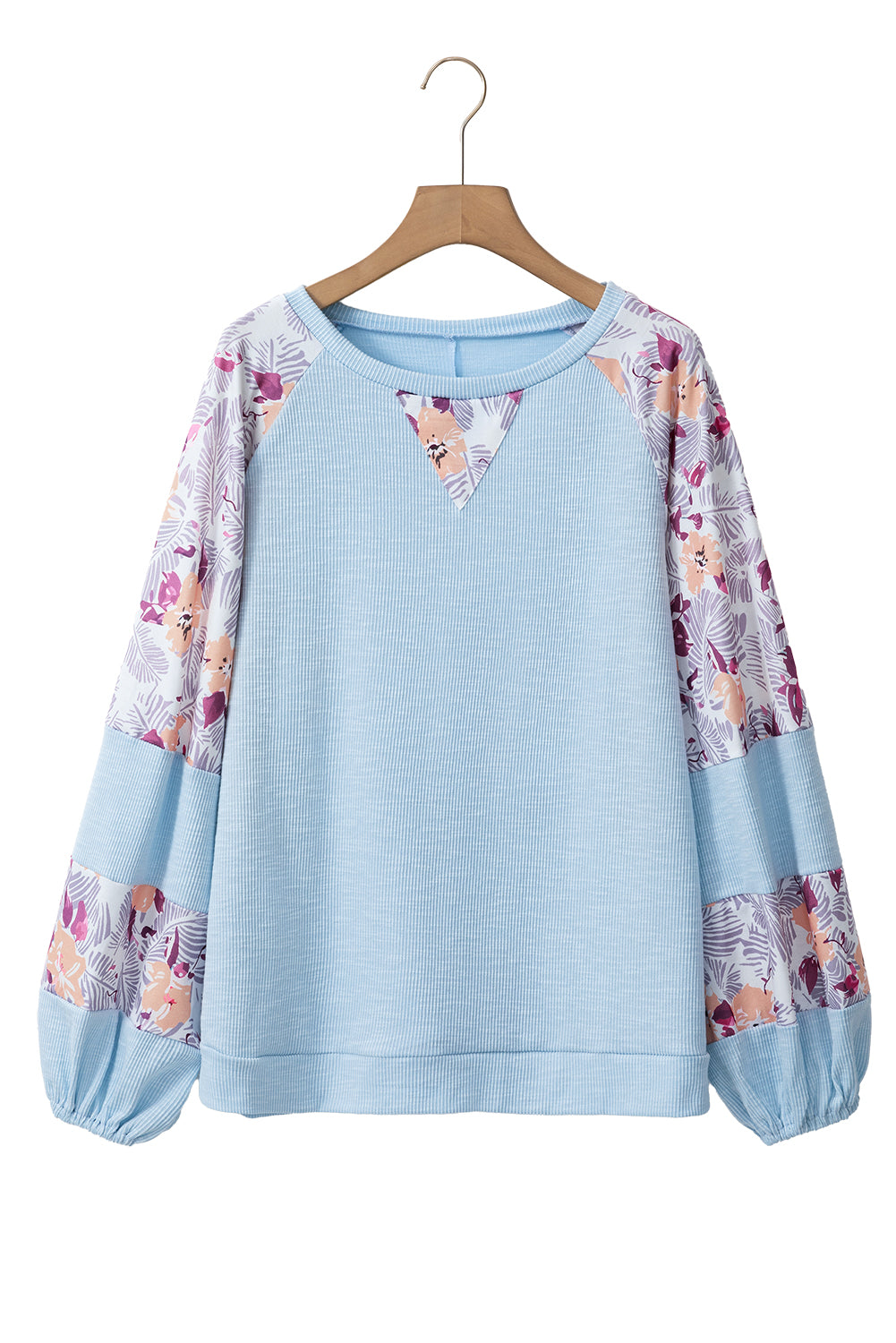 Apricot Crinkle Rib Floral Patchwork Balloon Sleeve Top