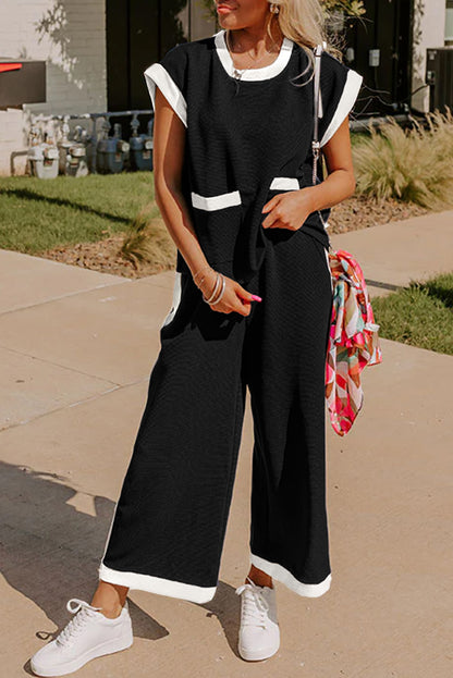 Black Color Block Pocketed T-Shirt and Wide Leg Pants Set