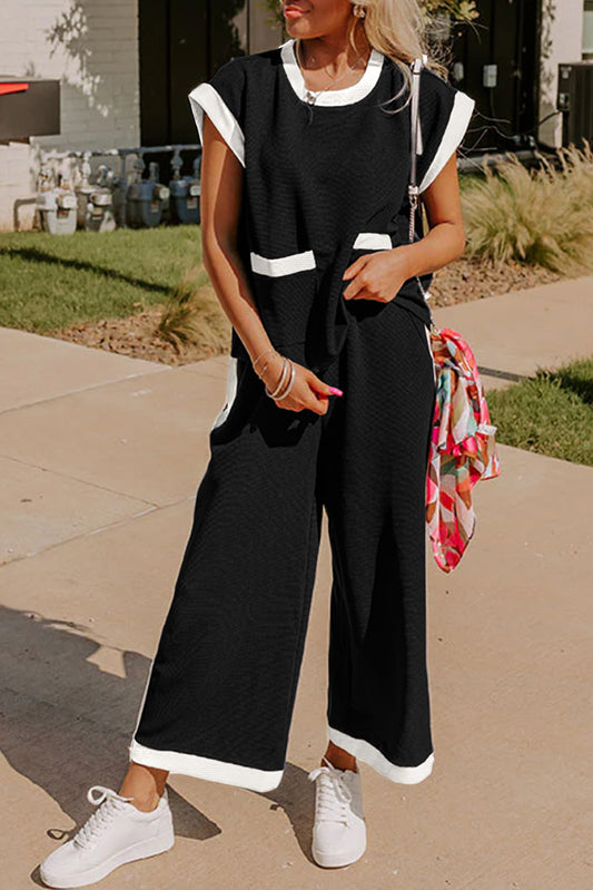 Black Color Block Pocketed T-Shirt and Wide Leg Pants Set