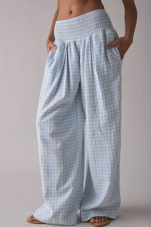 Gingham Smocked High Waist Loose Pants