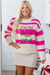 Rose Striped I Know What I Want Sequin Letter Graphic Colorblock Loose Sweater