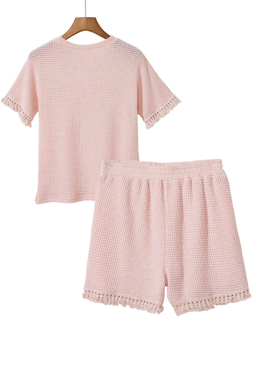 Pink Fringe Trim Waffle Knit Textured Shorts Set