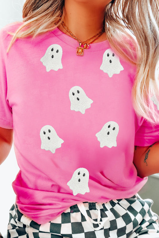 Pink Sequin Halloween Ghost Patched Casual T-Shirt