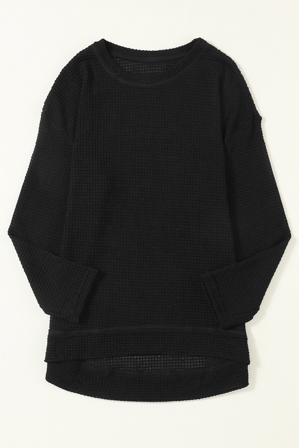 Black Plain Waffle Knit Drop Sleeve Side Slits Oversized Top