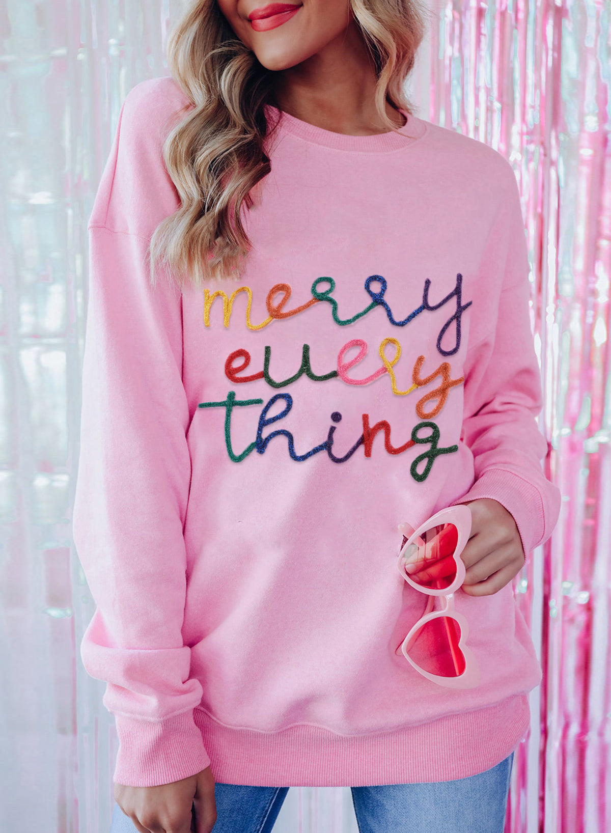 Pink Merry Every Thing Tinsel Slogan Sweatshirt