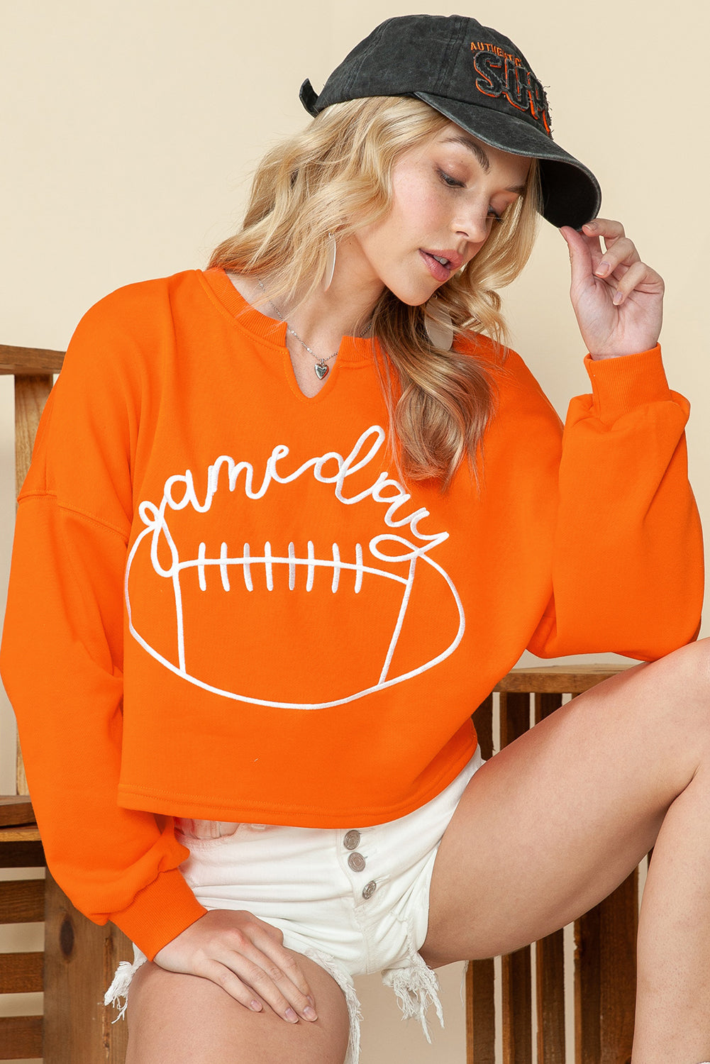 Bright White Game Day Lettering Rugby Notched Neck Cropped Sweatshirt