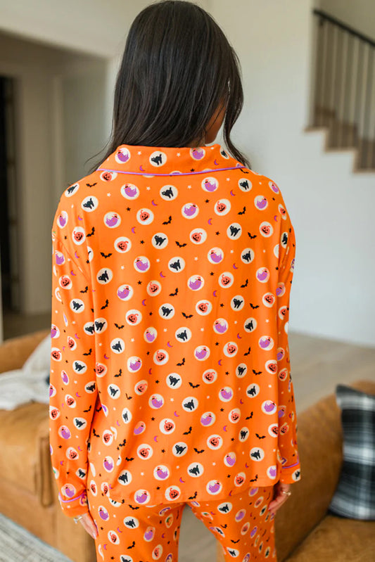 Orange Halloween Print Lapel Shirt and Pants Pajama Set