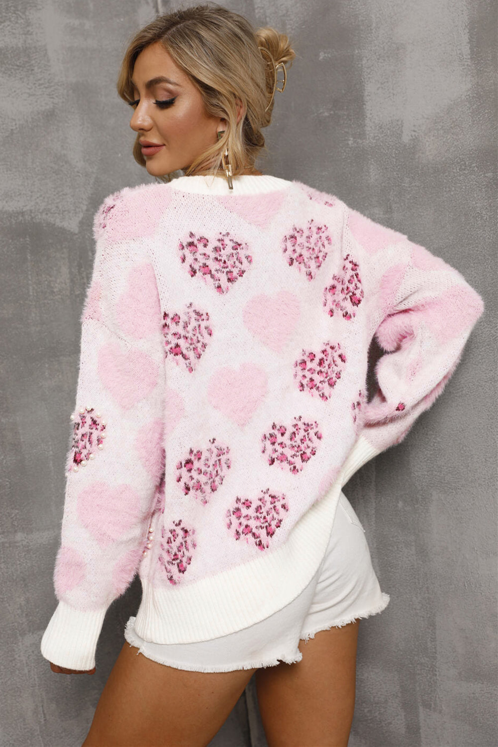 Pink Heart Leopard Print Pearled Ribbed Trim Fuzzy Sweater