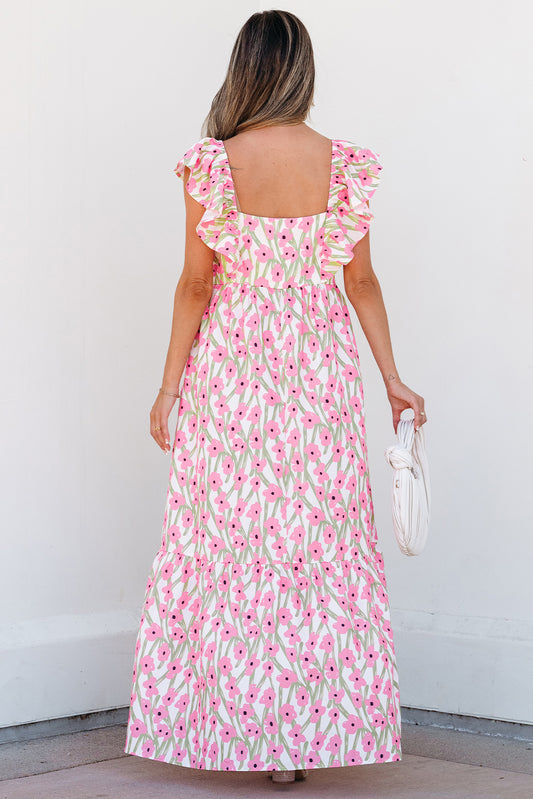Pink Floral Ruffle Strap Maxi Dress – Cottagecore Square Neckline