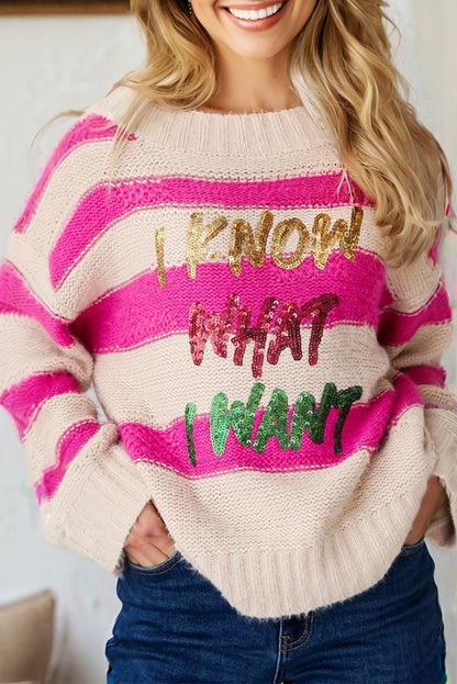 Rose Striped I Know What I Want Sequin Letter Graphic Colorblock Loose Sweater