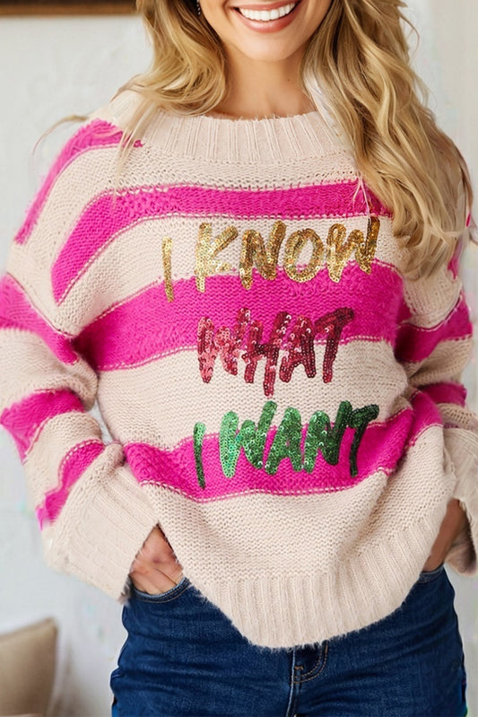 Rose Striped I Know What I Want Sequin Letter Graphic Colorblock Loose Sweater