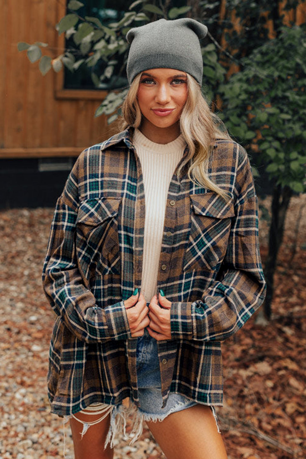 Brown Plaid Print Chest Pockets Buttoned Shacket