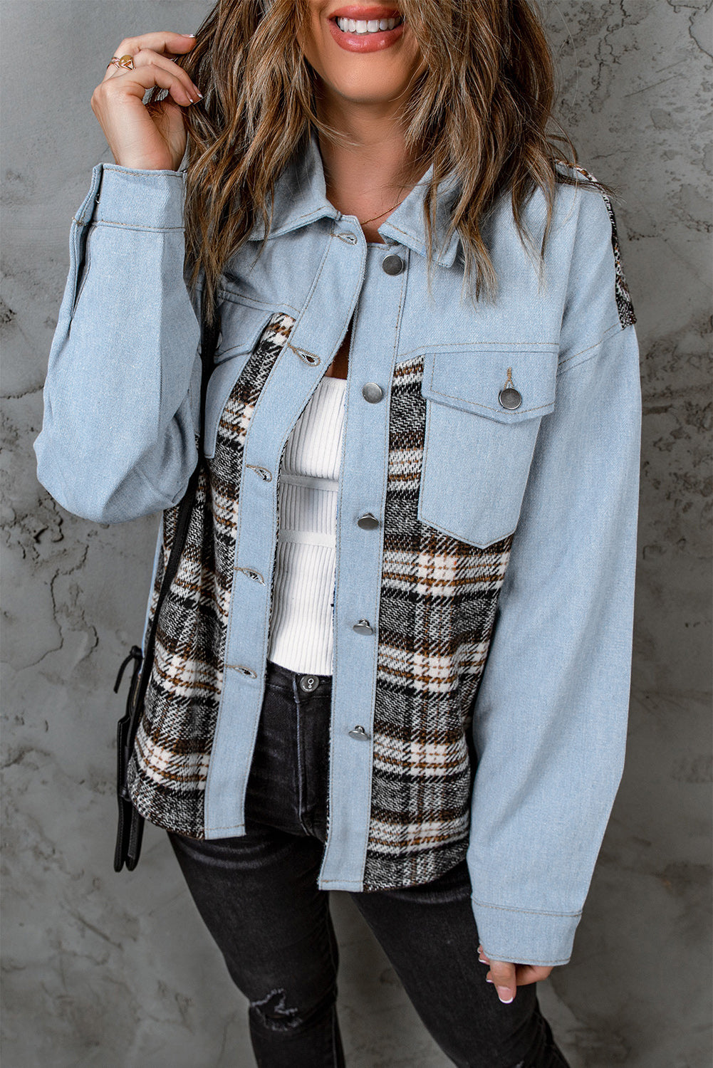 Plaid Pocketed Button Up Denim Jacket