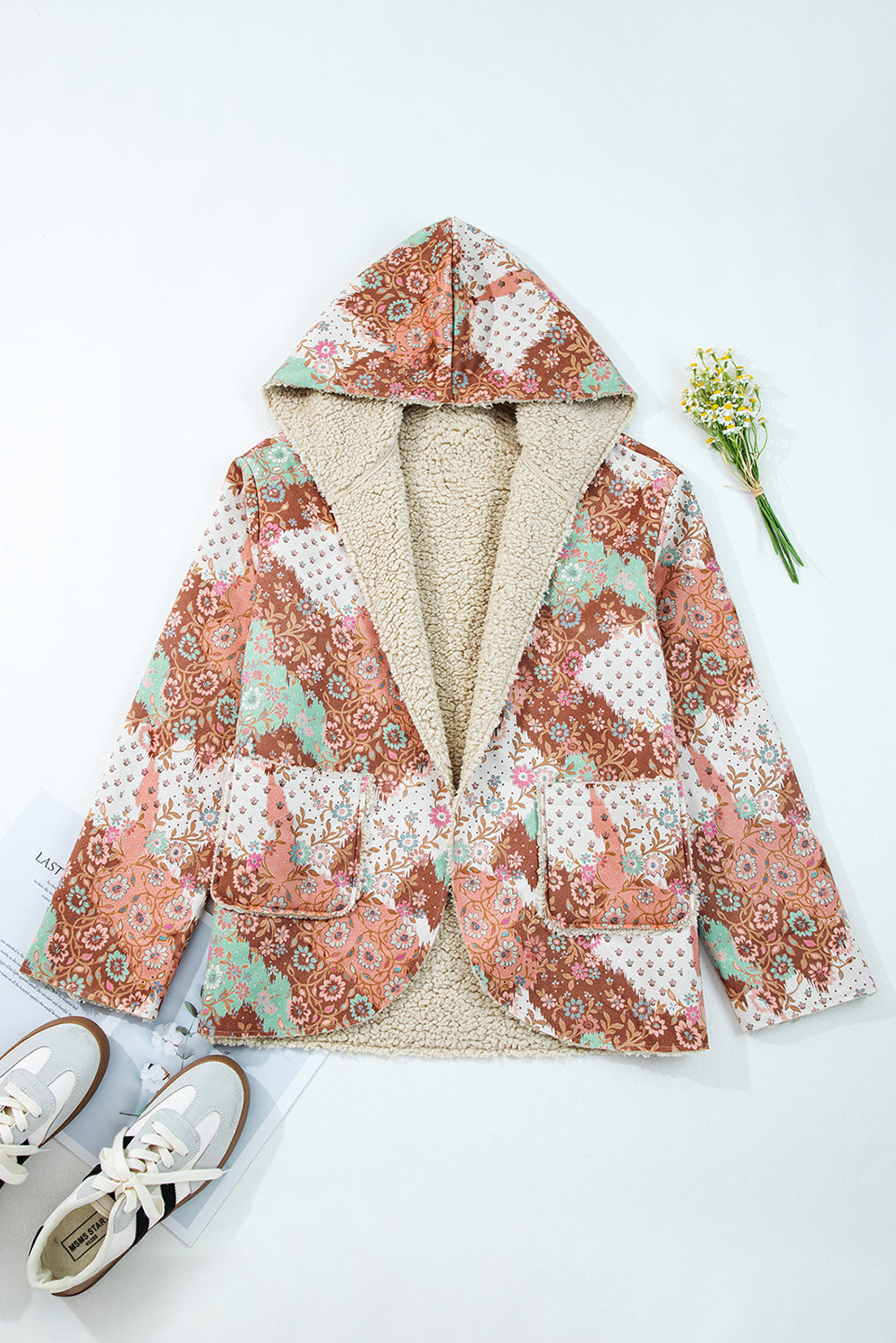 Vintage Floral Printed Sherpa Lined Hooded Jacket