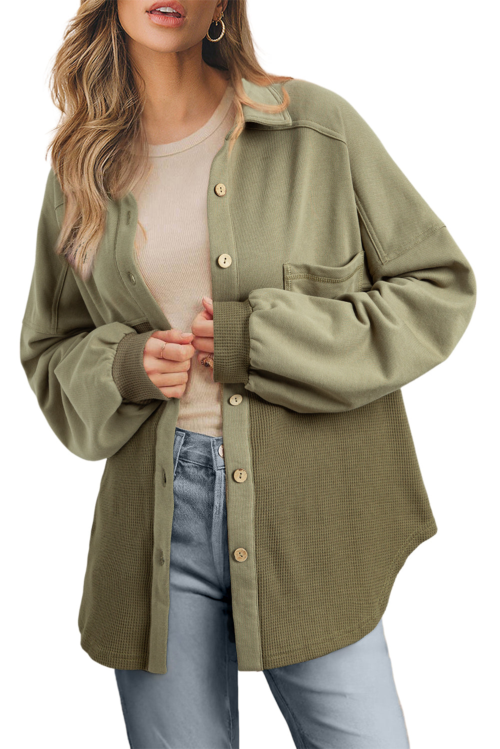 Moss Green Waffle Knit Patchwork Buttoned Oversized Shacket