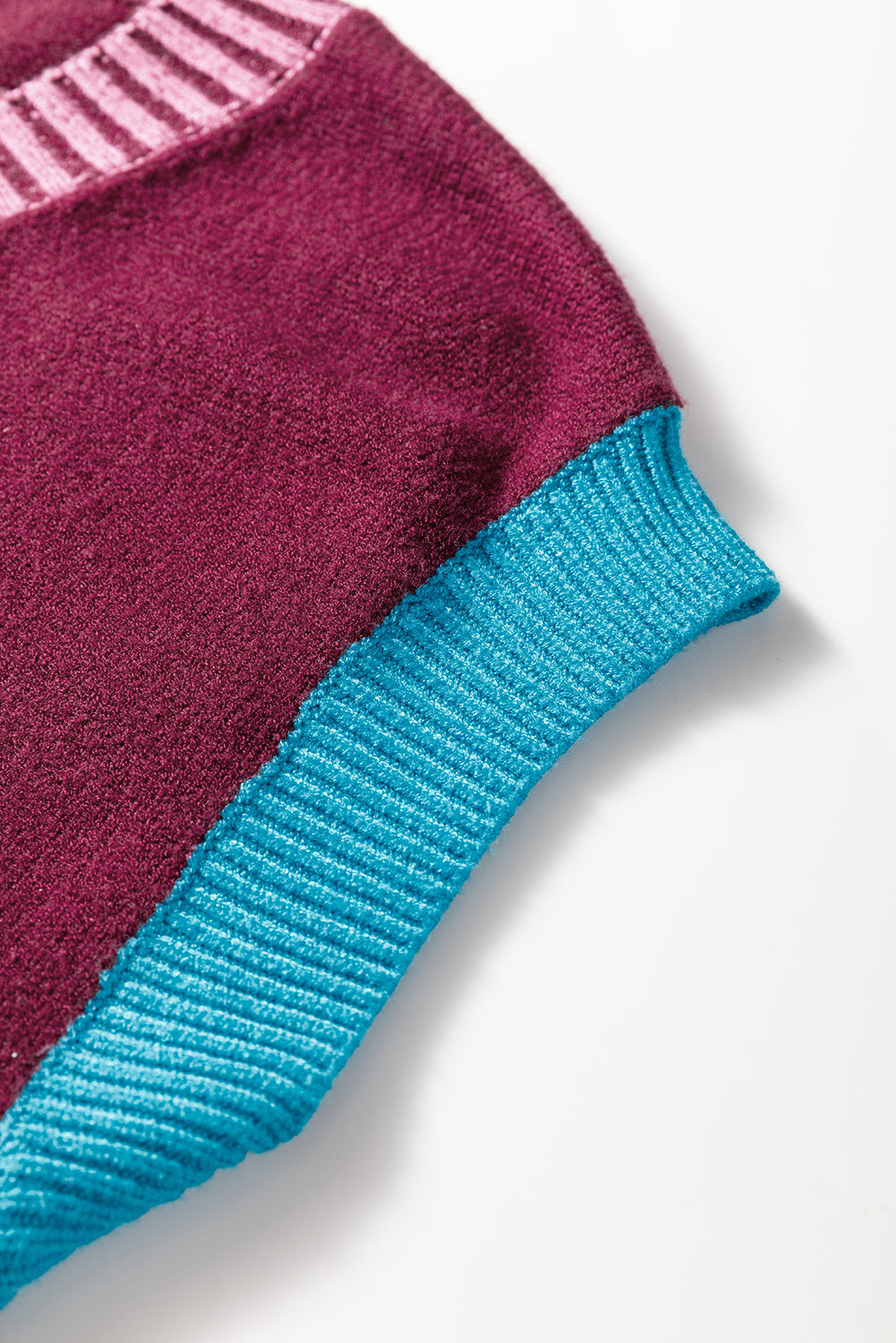 Burgundy Contrast Trim V-Neck Cuffed Short Sleeve Loose Sweater