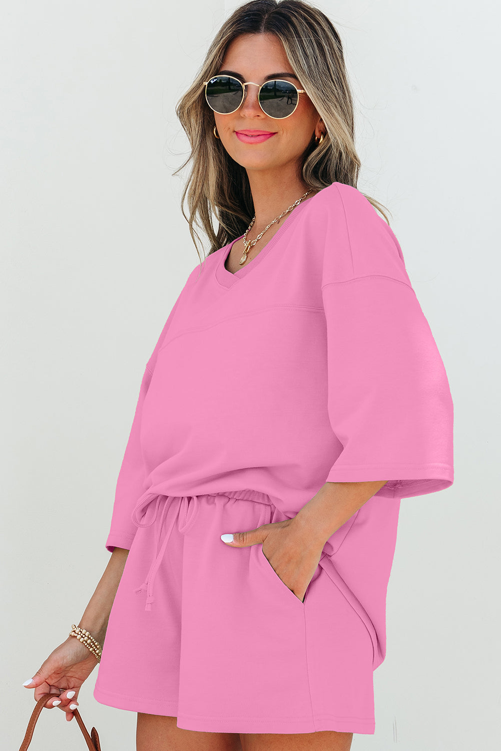Pink Solid Loose V Neck Half Sleeve Tee and Shorts
