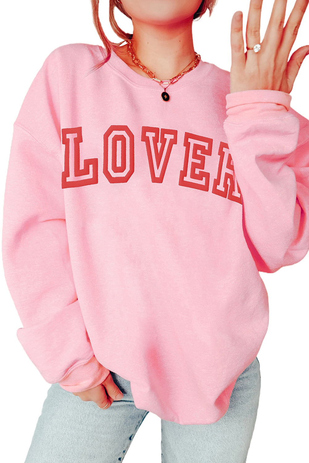 Pink LOVER Letter Graphic Drop Shoulder Pullover Sweatshirt