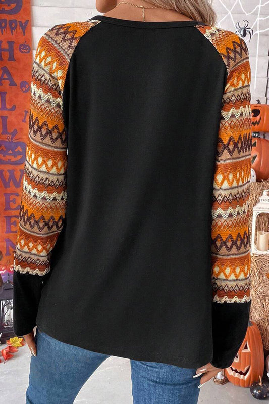 Orange Spooky Season Sequin Patched Contrast Long Sleeve Top