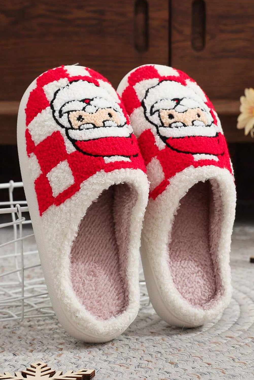 Red Checkered Santa Claus Graphic Plush Home Slippers