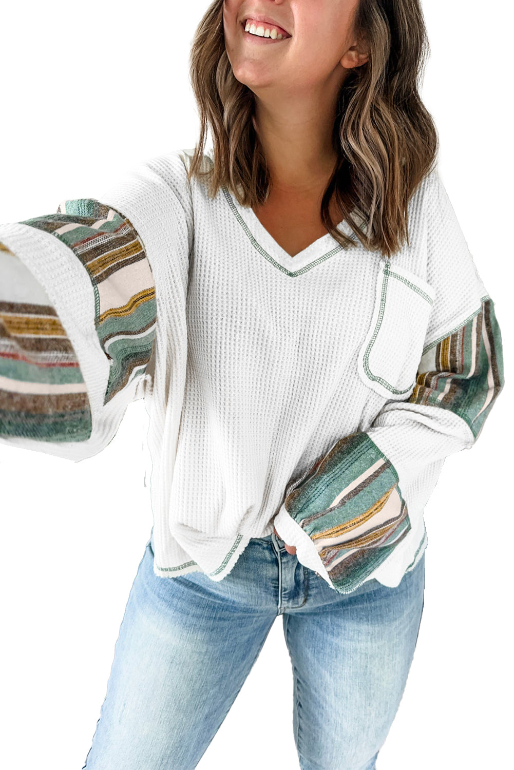 White Striped Patchwork Exposed Seam Waffle Knit Top