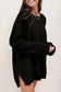 Black Plain Waffle Knit Drop Sleeve Side Slits Oversized Top