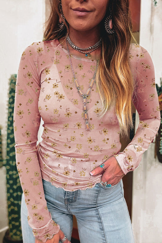 Pink Floral Print Mesh Slim Fit Long Sleeve Top