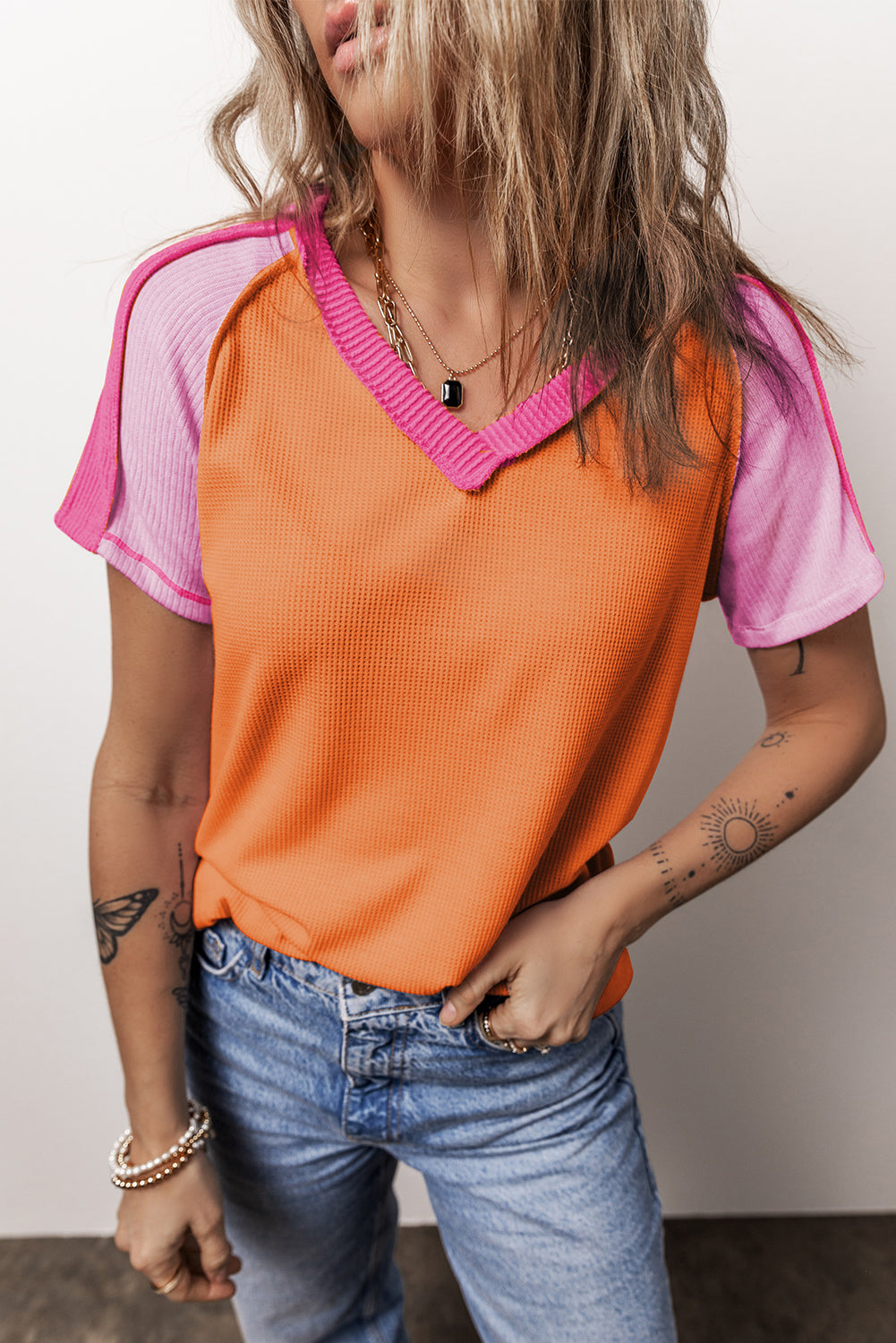 Orange Exposed Seam Color Block V Neck Waffle TShirt