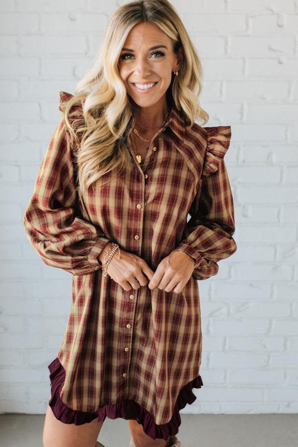 Red Plaid Print Ruffled Long Sleeve Patchwork Hem Mini Shirt Dress