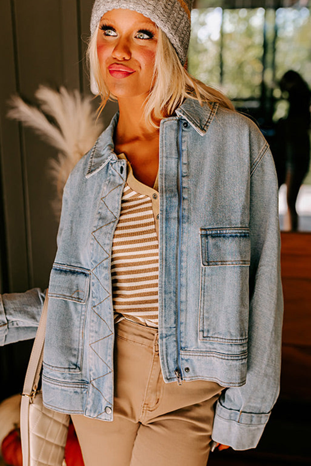 Beau Blue Street Style Zip Up Washed Denim Jacket