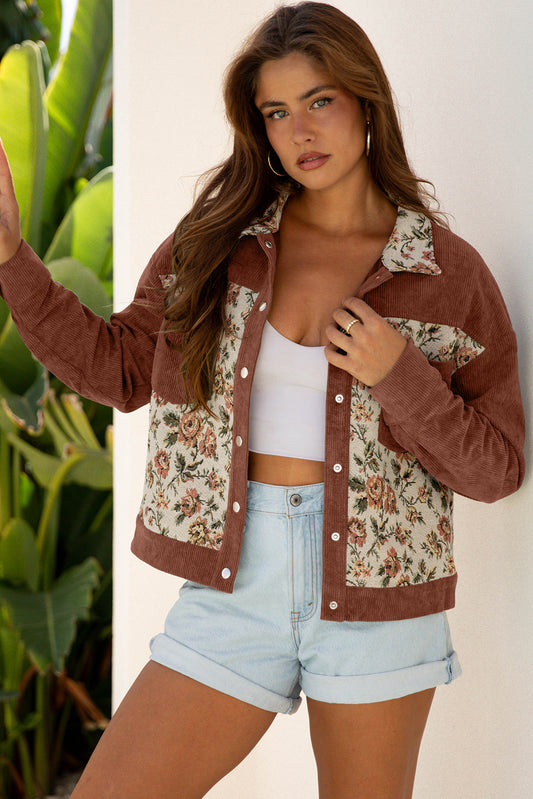 Ribbed Retro Floral Patchwork Shirt Style Jacket