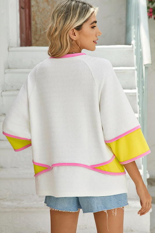 White Colorblock 3/4 Sleeve Relaxed Top